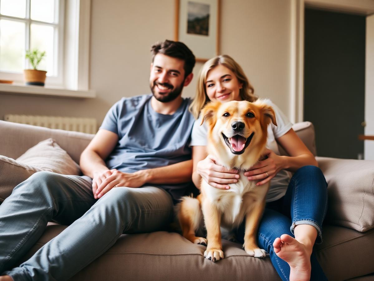 Família com o seu cão em casa